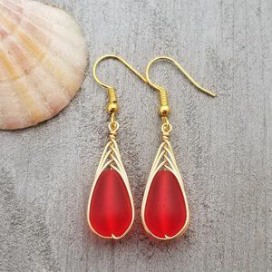 Gold Braided Ruby Red Sea Glass Earrings Women Jewelry Gift